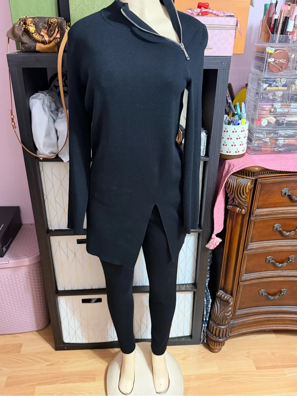 Cable & Gauge Black Zip-Neck Split-Hem Tunic with Matching Leggings